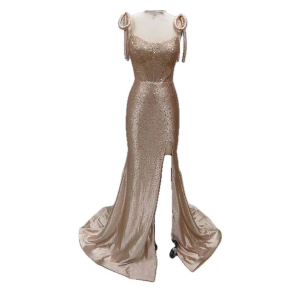 NEW AVA PRESLEY women's beaded sheer corset bodice bow detail on shoulder gown i